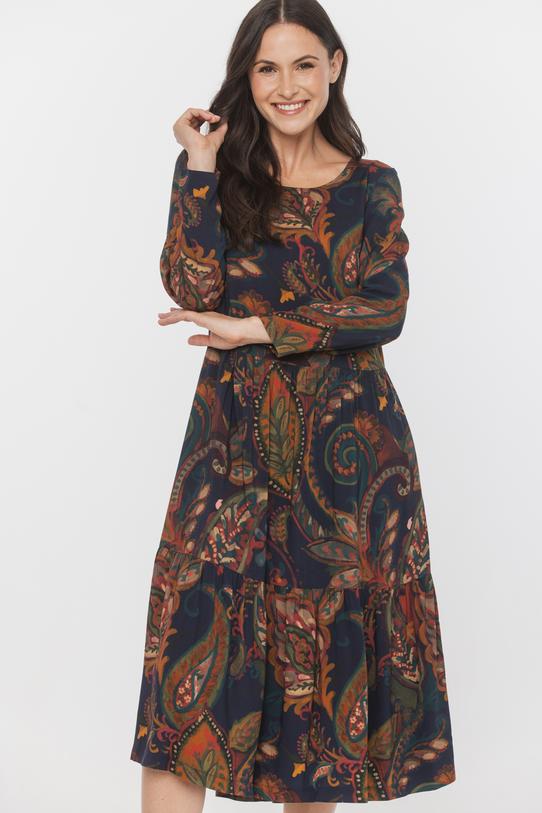 Wiskozowa trapezowa sukienka z falbanami i długim rękawem - 2