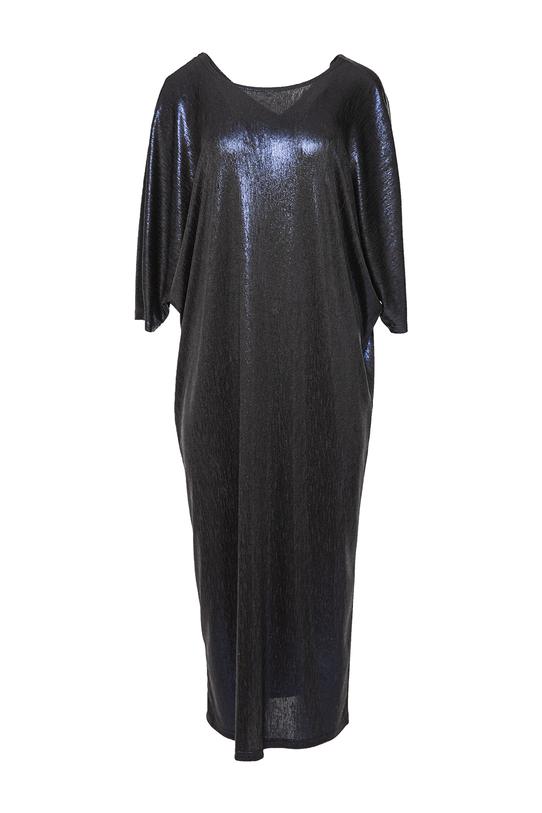 Wizytowa granatowa sukienka z błyskiem i nietoperzowym rękawem - 1