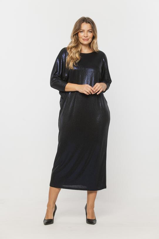 Wizualizacja Wizytowa granatowa sukienka z błyskiem i nietoperzowym rękawem