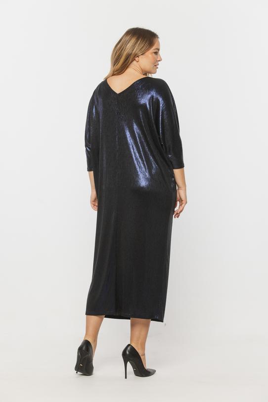 Wizytowa granatowa sukienka z błyskiem i nietoperzowym rękawem - 3