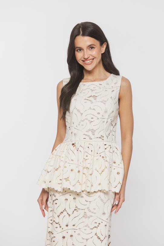 Wizytowa koronkowa bluzka ecu z baskinką - 2