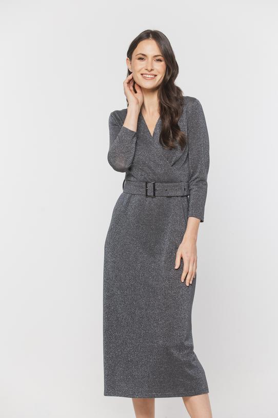 Wyjściowa srebrzystoszara sukienka z kopertowym dekoltem - 2