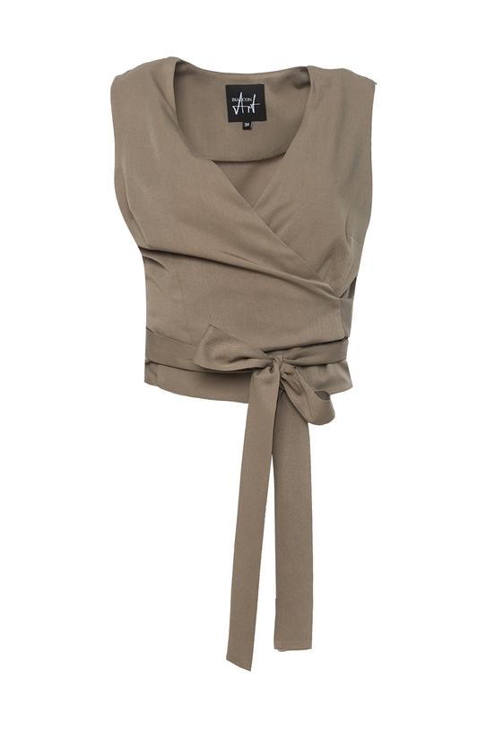 Zakładana bluzka khaki z wiązaniem w talii - 1