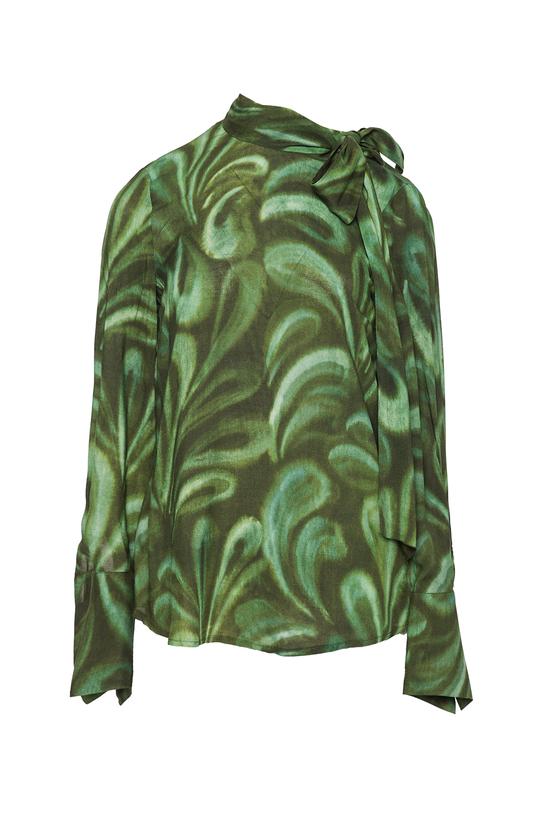 Zielona wzorzysta bluzka z eleganckim wiązaniem - 1