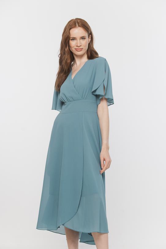 Zwiewna asymetryczna sukienka midi w kolorze morskim - 2