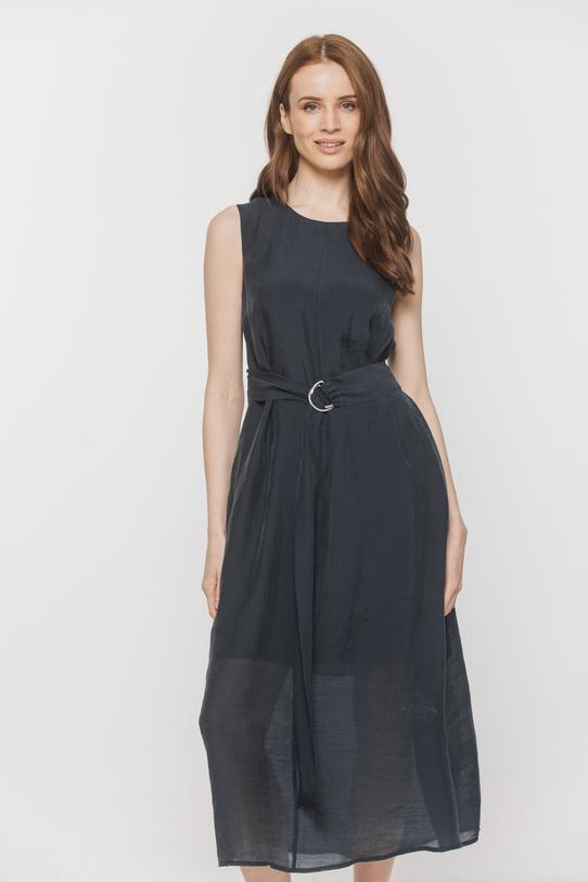 Zwiewna granatowa sukienka z długim stylowym paskiem - 2