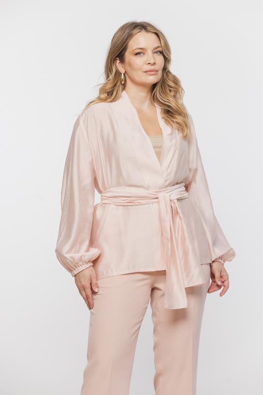 Zwiewna pastelowa narzutka z tencelu z bufiastym rękawem - 2