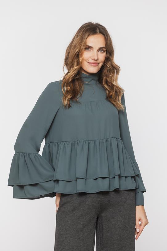 Zwiewna zielona bluzka szyfonowa z ozdobnymi falbanami - 2