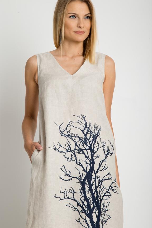 Lniana beżowa sukienka z motywem drzewa