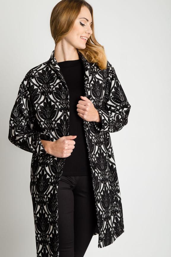 Czarno - biały płaszcz  damski zapinany na guziki