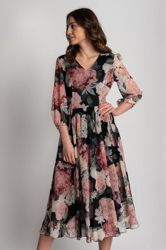 Szyfonowa sukienka odcinana w talii z dekoltem w serek