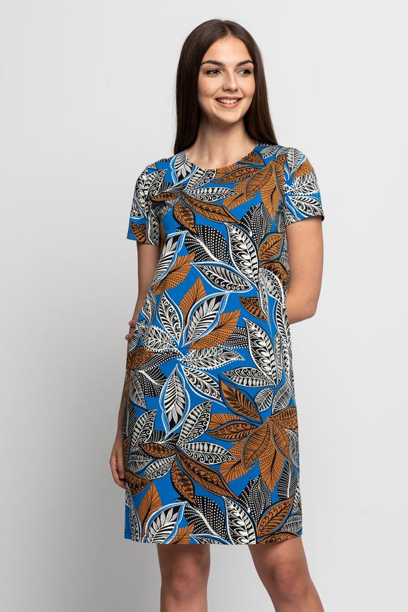 Wzorzysta sukienka z krótkim rękawem i motywem liści