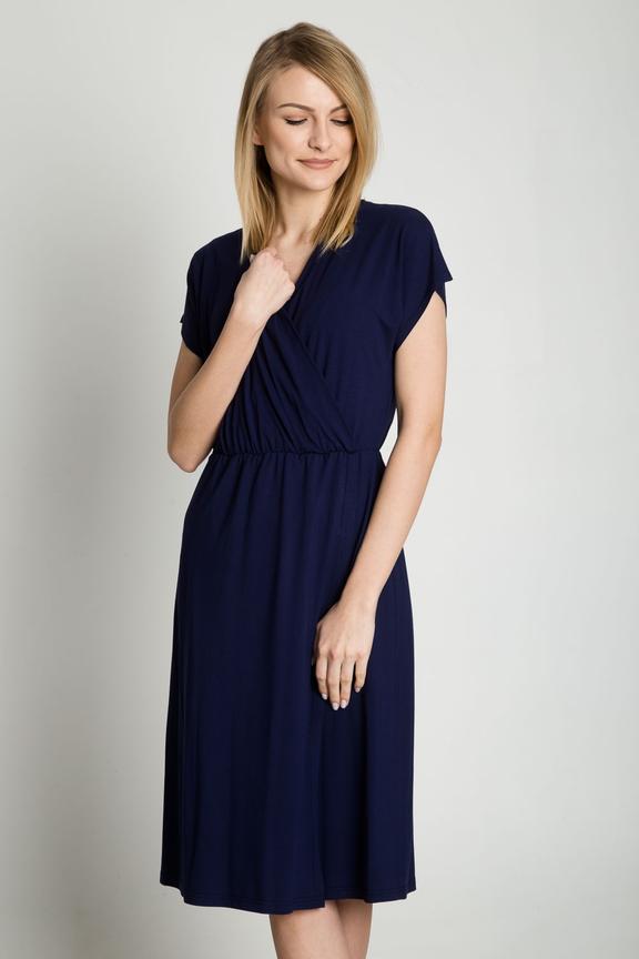 Granatowa sukienka odcinana w talii z dekoltem łódka