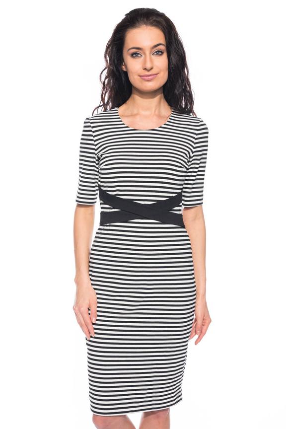 Czarno-biała sukienka tuba w pasy