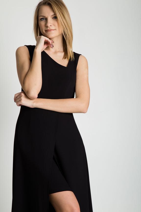 Długa sukienka odcinana w talii z dwuwarstwowym dołem