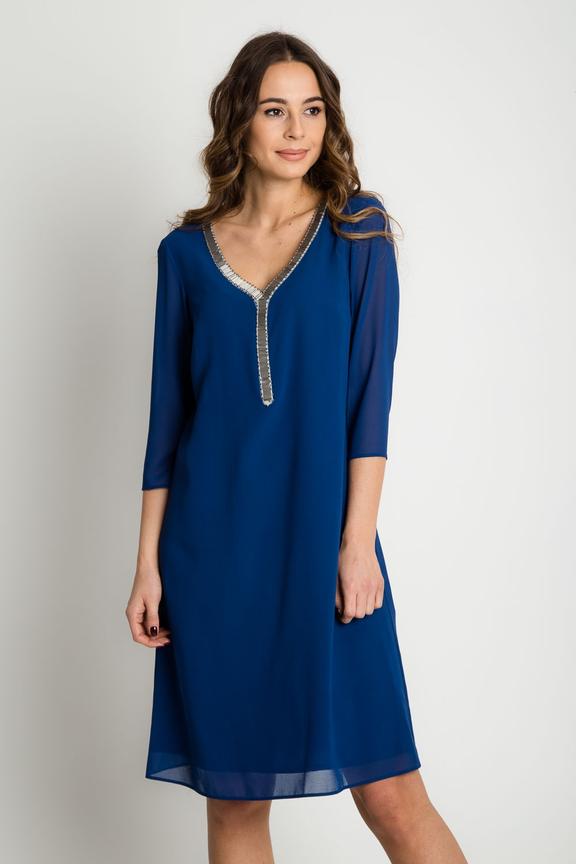 Szyfonowa sukienka parasolka z ozdobą przy dekolcie