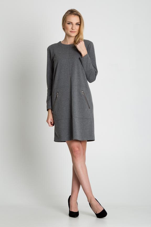 Szara trapezowa sukienka z długim rękawem