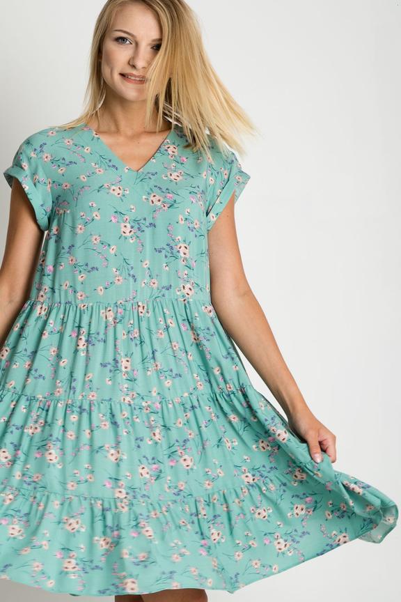 Luźna sukienka z dekoltem w szpic i marszczonymi falbanami