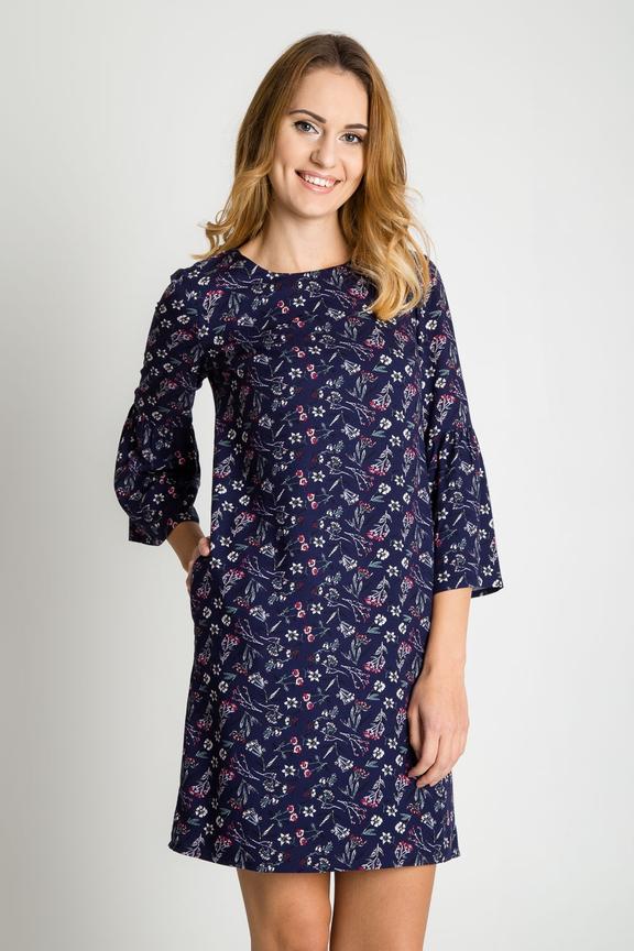 Granatowa sukienka z rozkloszowanymi rękawami