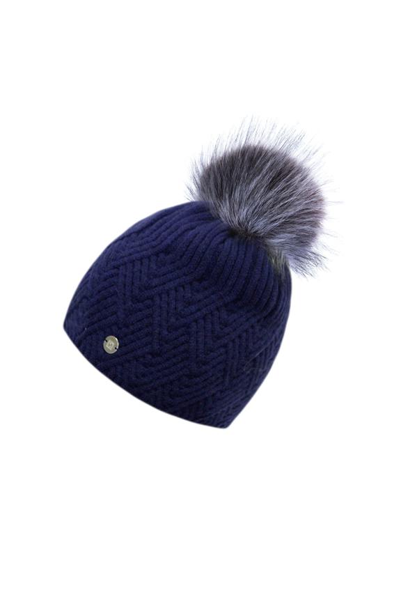 Women's cap with pom-pom in navy blue color