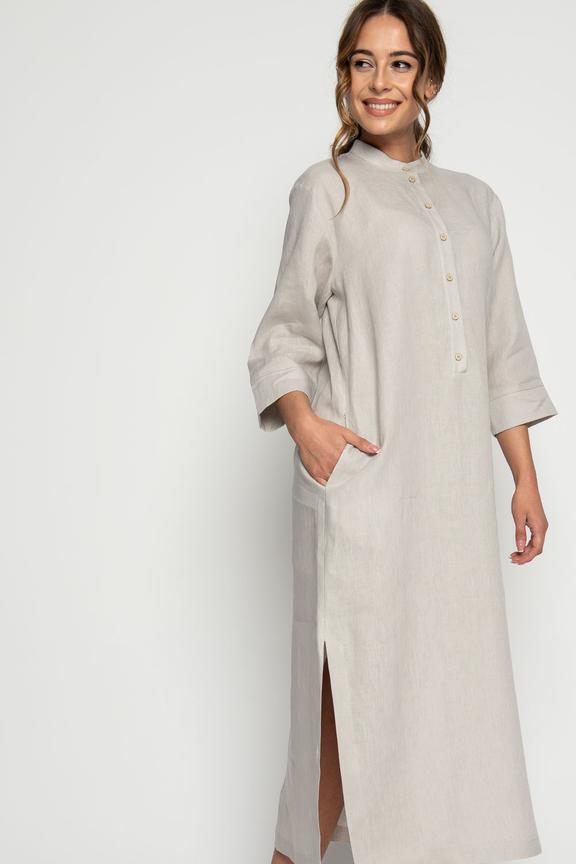 Luźna lniana sukienka maxi z rozporkiem
