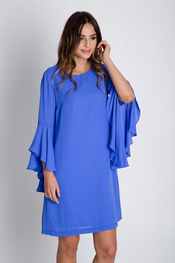 Luźna niebieska sukienka z rozkloszowanymi rękawami