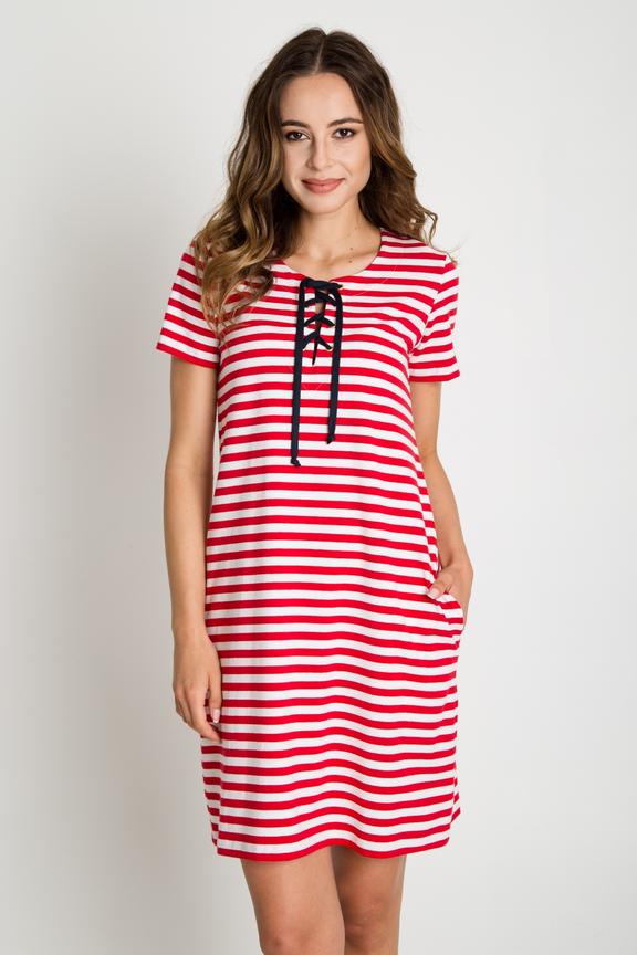 Sukienka w marynarskie pasy z wiązaniem na dekolcie