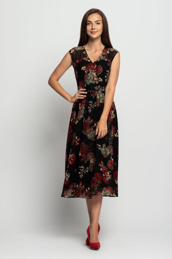 Rozkloszowana sukienka midi z dekoltem i krótkim rękawkiem