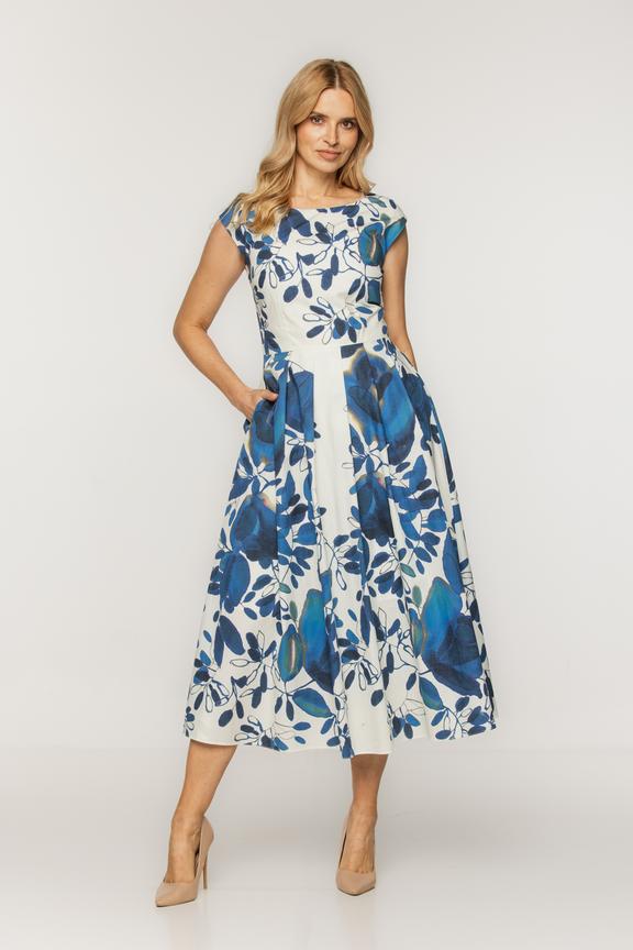Bawełniana sukienka z florystycznym niebieskim printem i dekoltem łódka