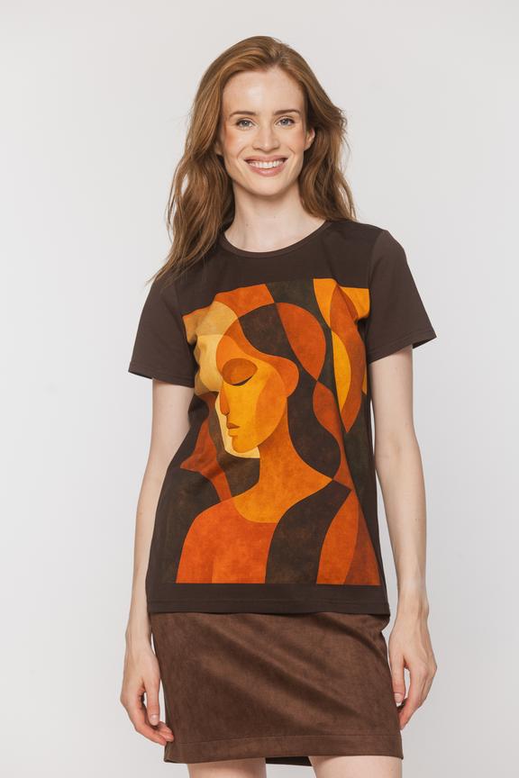 Bawełniany brązowy t-shirt z pomarańczową aplikacją