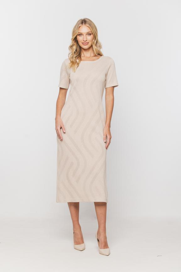 Beżowa ażurowa sukienka z krótkim rękawem