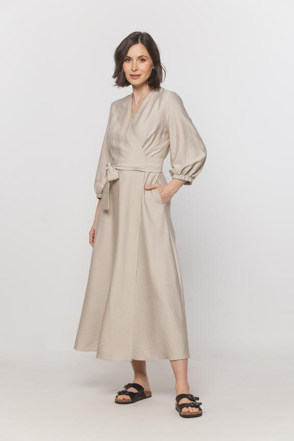 Beżowa portfelowa sukienka midi z bocznym wiązaniem
