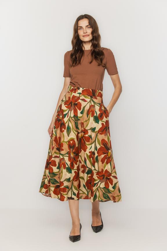Beżowa spódnica z podszewką i rudym printem kwiatowym