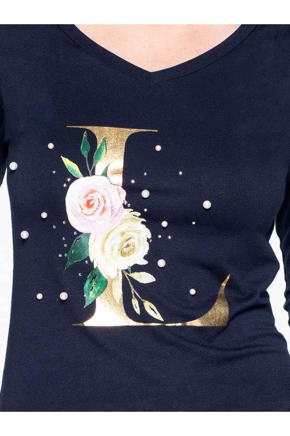 Bluzka z nadrukiem, perełkami i kryształkami