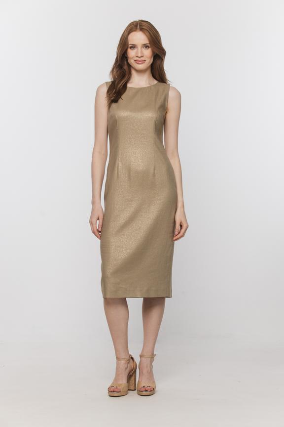 Brokatowa złota sukienka o klasycznym kroju