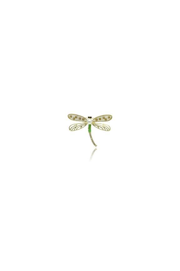 Gold dragonfly brooch with a pearl cubic zirconia and a green accent