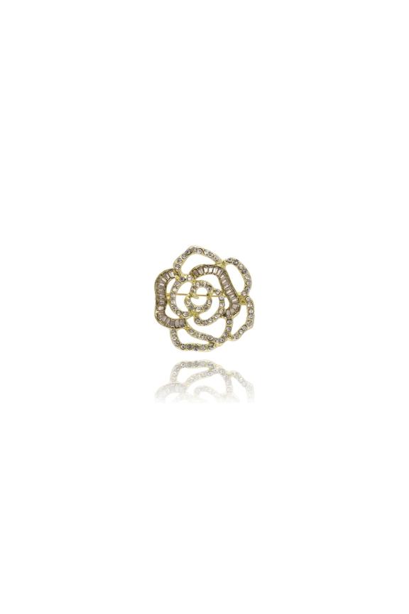 Gold rose-shaped brooch with cubic zirconia