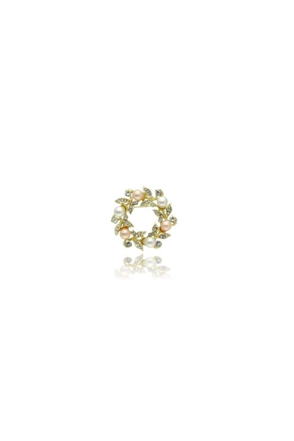 A gold brooch in the shape of a wreath with powder-coloured pearls
