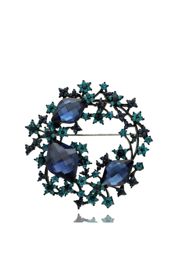 Elegancka broszka z granatowymi i turkusowymi oczkami