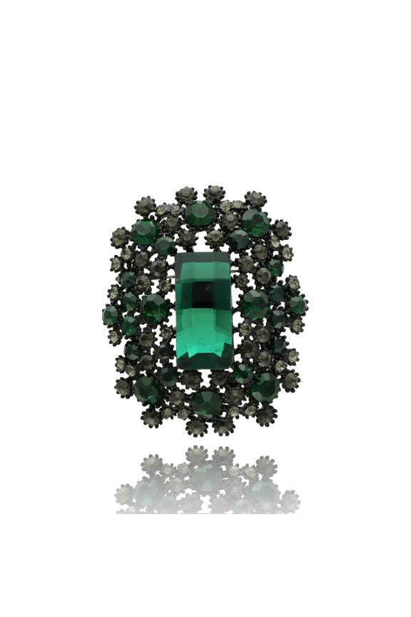 Ciemnozielona broszka z błyszczącymi cyrkoniami