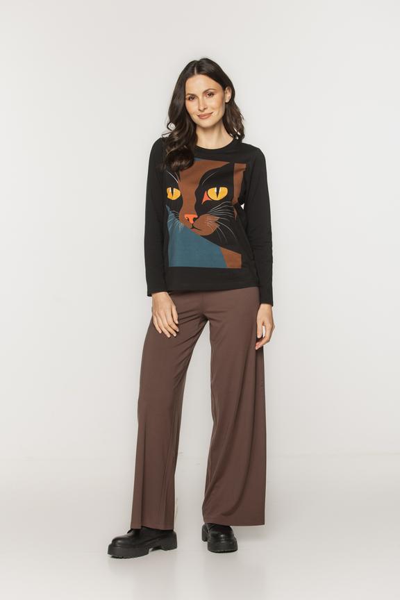 Czarna bawełniana bluzka z motywem kota
