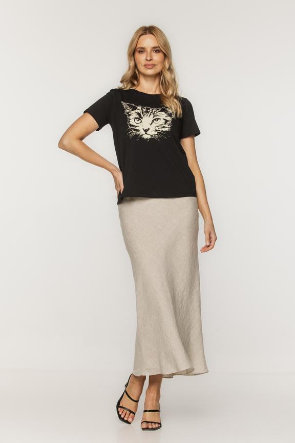 Czarna koszulka z miękkiej bawełny z nadrukiem kota