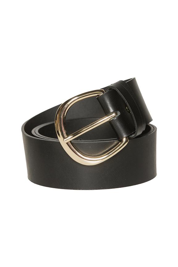 Black leather belt with gold buckle
