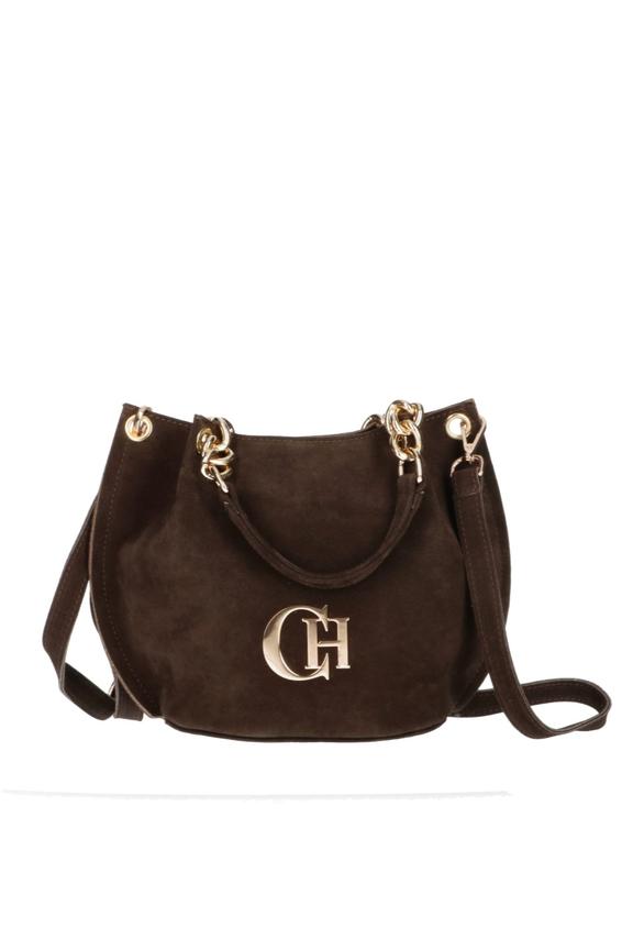 A stylish chocolate-coloured faux suede handbag