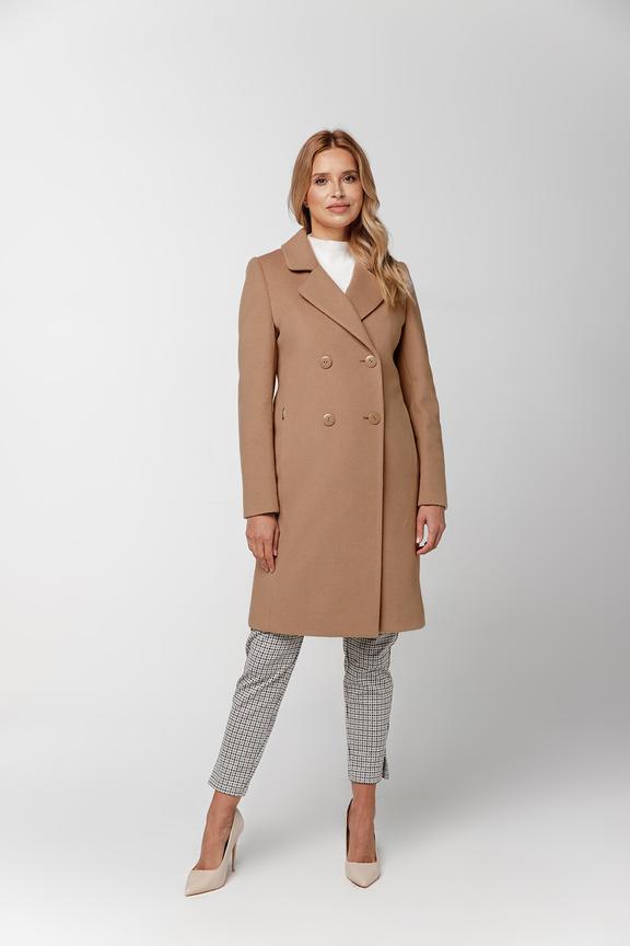 Dwurzędowy zimowy płaszcz beżowy w eleganckim stylu