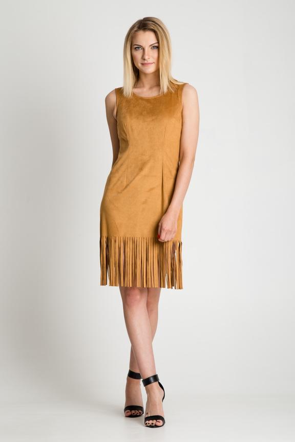 Musztardowa zamszowa sukienka z frędzlami