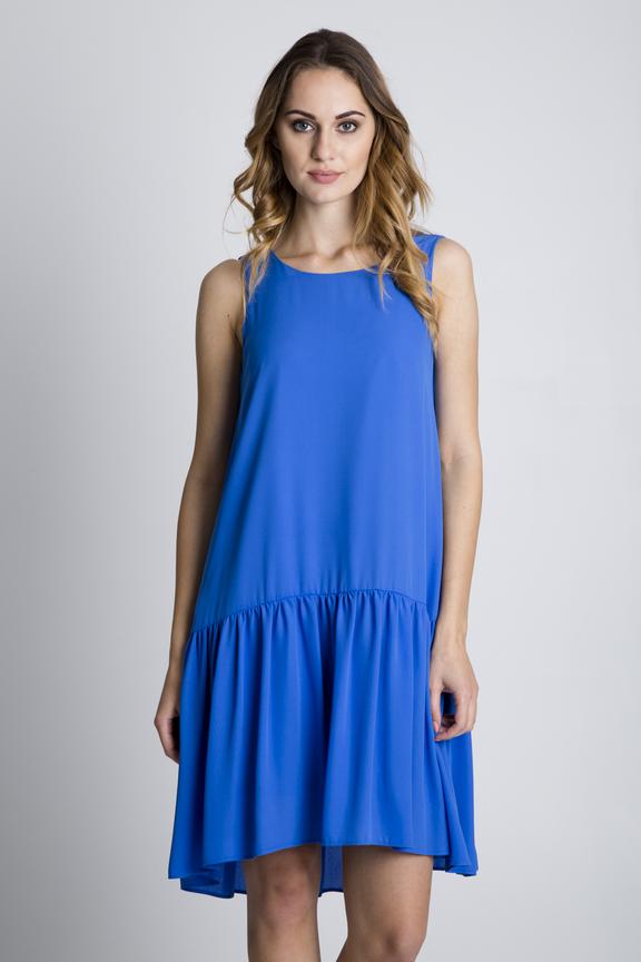 Niebieska oryginalna sukienka z falbaną u dołu