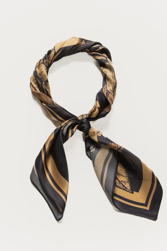 Granatowo-złota apaszka z jedwabiu z kwiatowym motywem