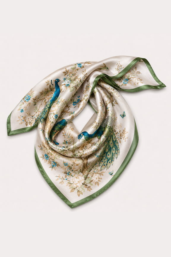 Silk spring scarf with a peacock motif