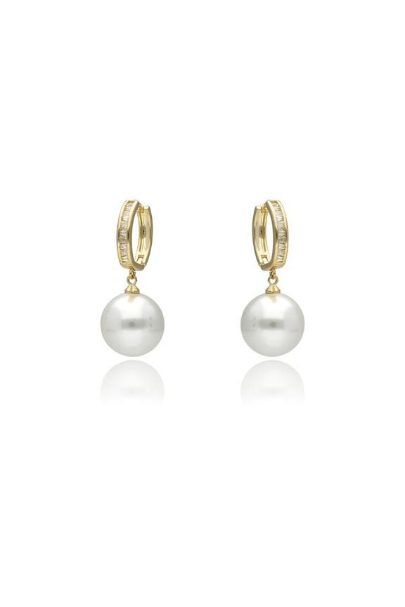 Gold hoop drop earrings with a large white pearl